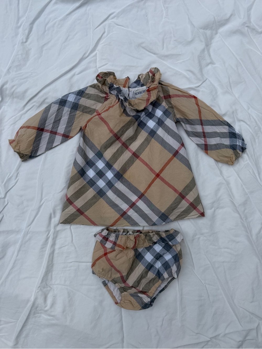 Burberry Tan Plaid Long-Sleeve Dress with Matching Bloomer